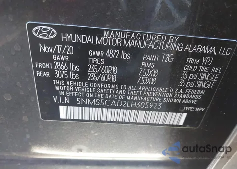 2020 Hyundai Santa Fe Limited z USA, uszkodzony, nr VIN 5NMS5CAD2LH305923